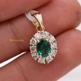 Oval Shaped Emerald Gemstone With Diamond Pendant 14k Yellow Gold Jewelry