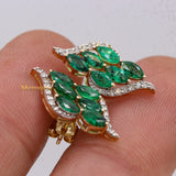 Natural Emerald Gemstone & Diamond 14k Yellow Gold Stud Earring