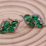 Natural Emerald Gemstone & Diamond 14k Yellow Gold Stud Earring