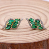 Natural Emerald Gemstone & Diamond 14k Yellow Gold Stud Earring