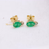 Natural Emerald Gemstone & Diamond 14k Yellow Gold Stud Earring