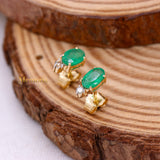 Natural Emerald Gemstone & Diamond 14k Yellow Gold Stud Earring