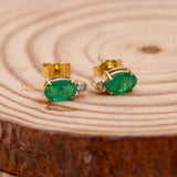 Natural Emerald Gemstone & Diamond 14k Yellow Gold Stud Earring