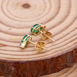 Natural Emerald Gemstone & Diamond 14k Yellow Gold Stud Earring