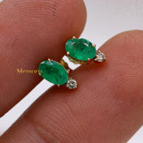 Natural Emerald Gemstone & Diamond 14k Yellow Gold Stud Earring