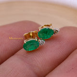 Natural Emerald Gemstone & Diamond 14k Yellow Gold Stud Earring