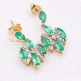 Natural Emerald Gemstone & Diamond 14k Yellow Gold Dangle Earring