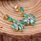 Natural Emerald Gemstone & Diamond 14k Yellow Gold Dangle Earring