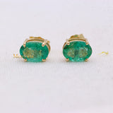 Natural Emerald Gemstone 14k Yellow Gold Stud Earring