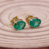 Natural Emerald Gemstone 14k Yellow Gold Stud Earring