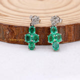 Natural Emerald Gemstone & Diamond 14k White Gold Stud Earring