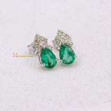 Natural Emerald Gemstone & Diamond 14k White Gold Stud Earring