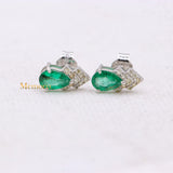 Natural Emerald Gemstone & Diamond 14k White Gold Stud Earring