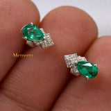 Natural Emerald Gemstone & Diamond 14k White Gold Stud Earring