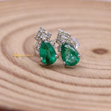 Natural Emerald Gemstone & Diamond 14k White Gold Stud Earring