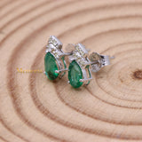 Natural Emerald Gemstone & Diamond 14k White Gold Stud Earring