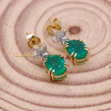 Natural Emerald Gemstone & Diamond 14k Yellow Gold Dangle Earring