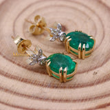 Natural Emerald Gemstone & Diamond 14k Yellow Gold Dangle Earring