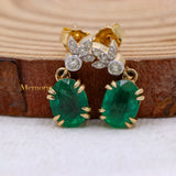 Natural Emerald Gemstone & Diamond 14k Yellow Gold Dangle Earring