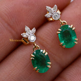 Natural Emerald Gemstone & Diamond 14k Yellow Gold Dangle Earring