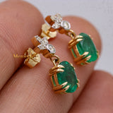 Natural Emerald Gemstone & Diamond 14k Yellow Gold Dangle Earring