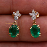 Natural Emerald Gemstone & Diamond 14k Yellow Gold Dangle Earring