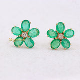 Floral Natural Emerald Gemstone & Diamond 14k Yellow Gold Stud Earring