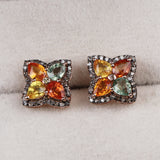 Rose Gold Plated Multi Sapphire & Diamond Floral Stud Earrings