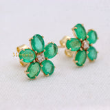 Floral Natural Emerald Gemstone & Diamond 14k Yellow Gold Stud Earring