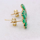 Floral Natural Emerald Gemstone & Diamond 14k Yellow Gold Stud Earring