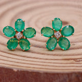 Floral Natural Emerald Gemstone & Diamond 14k Yellow Gold Stud Earring