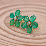 Floral Natural Emerald Gemstone & Diamond 14k Yellow Gold Stud Earring