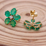 Floral Natural Emerald Gemstone & Diamond 14k Yellow Gold Stud Earring