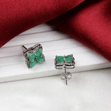 Natural Emerald & Diamond Silver Stud Earrings Luxury Floral Design