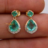 Natural Emerald Gemstone & Diamond 14k Yellow Gold Earring