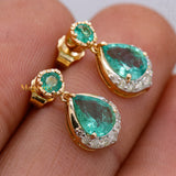 Natural Emerald Gemstone & Diamond 14k Yellow Gold Earring