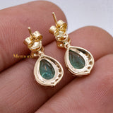 Natural Emerald Gemstone & Diamond 14k Yellow Gold Earring