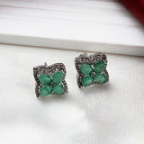 Natural Emerald & Diamond Silver Stud Earrings Luxury Floral Design