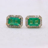 Natural Emerald Gemstone & Diamond 14k Yellow Gold Stud Earring