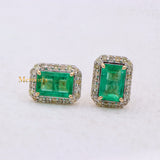 Natural Emerald Gemstone & Diamond 14k Yellow Gold Stud Earring