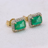 Natural Emerald Gemstone & Diamond 14k Yellow Gold Stud Earring