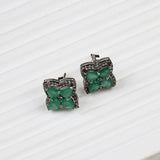 Natural Emerald & Diamond Silver Stud Earrings Luxury Floral Design