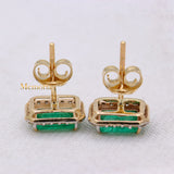 Natural Emerald Gemstone & Diamond 14k Yellow Gold Stud Earring