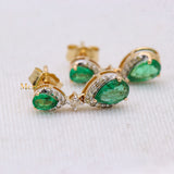 Natural Emerald Gemstone & Diamond 14k Yellow Gold Earring