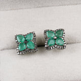 Natural Emerald & Diamond Silver Stud Earrings Luxury Floral Design
