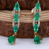 Natural Emerald Gemstone & Diamond 14k Yellow Gold Dangle Earring