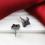 Natural Blue Sapphire & Diamond Stud Earrings in Sterling Silver Classic Floral Design