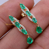 Natural Emerald Gemstone & Diamond 14k Yellow Gold Dangle Earring