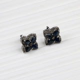 Natural Blue Sapphire & Diamond Stud Earrings in Sterling Silver Classic Floral Design