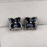 Natural Blue Sapphire & Diamond Stud Earrings in Sterling Silver Classic Floral Design